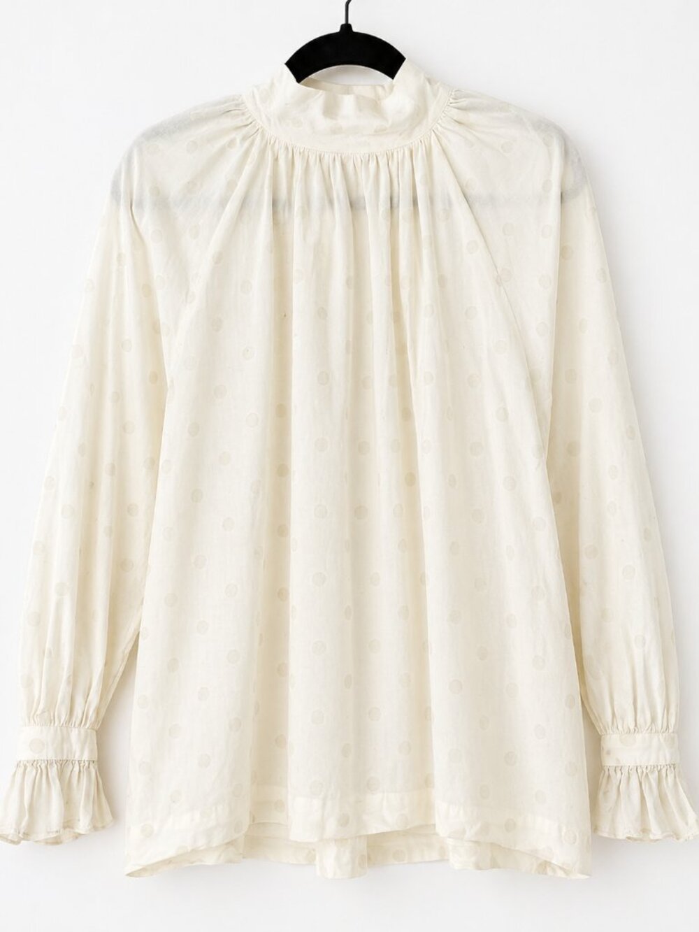 Magali Cotton Polka Dot Blouse High Neck Ruffle Sleeve Cream Japan - Picture 3 of 6